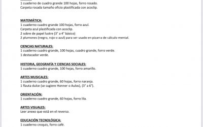 Lista de utiles de 3° a 4° Básico 2022